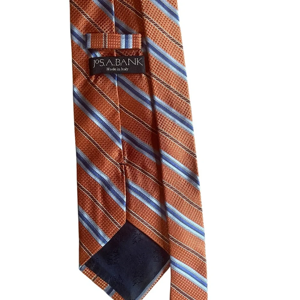 Jos A Bank 100% Silk Orange Blue Stripe Tie Made in Italy 59”